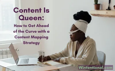 A woman in a headwrap working at a laptop, titled Content Is Queen