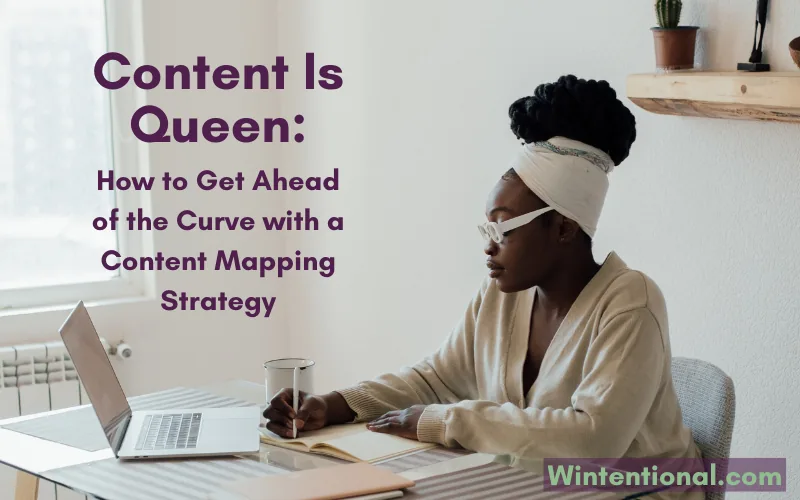 A woman in a headwrap working at a laptop, titled Content Is Queen