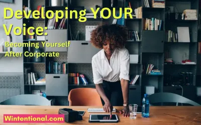 A woman working at a table in a home office, titled Developing YOUR Voice