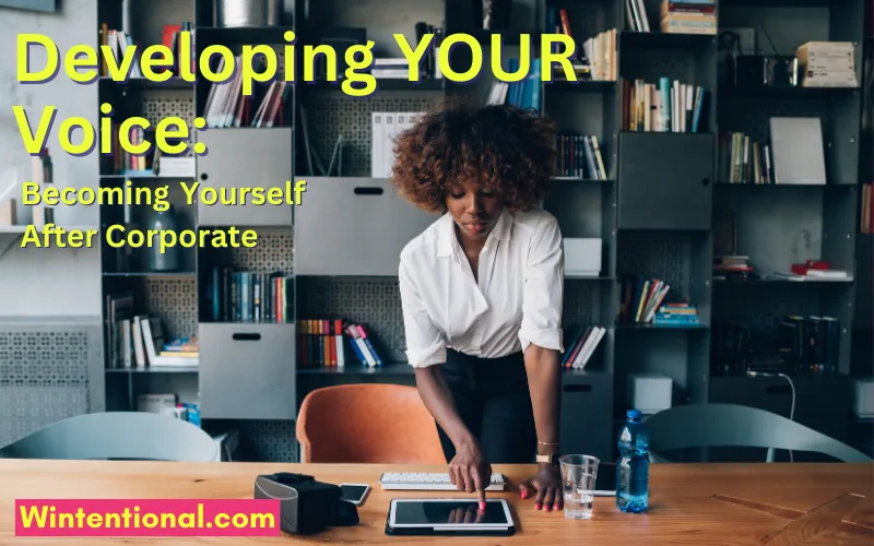 A woman working at a table in a home office, titled Developing YOUR Voice