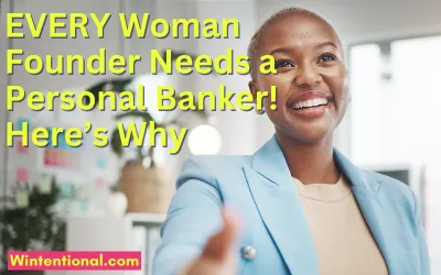 A smiling woman in a light blue blazer reaching out a hand, titled Every Woman Founder Needs a Personal Banker