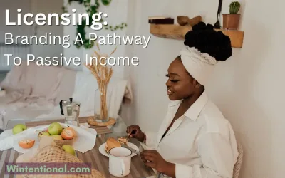 A woman at a breakfast table counting money, titled Licensing: Branding A Pathway To Passive Income