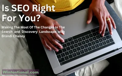 Hands typing on a laptop, titled Is SEO Right For You? with Brandi Chaney