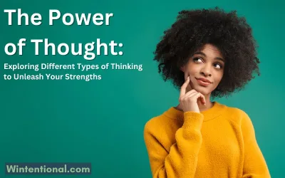 A thoughtful woman in a yellow sweater, titled The Power of Thought