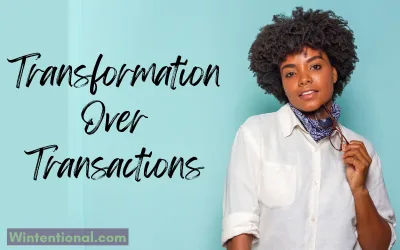 A smiling woman with a scarf, titled Transformation Over Transactions
