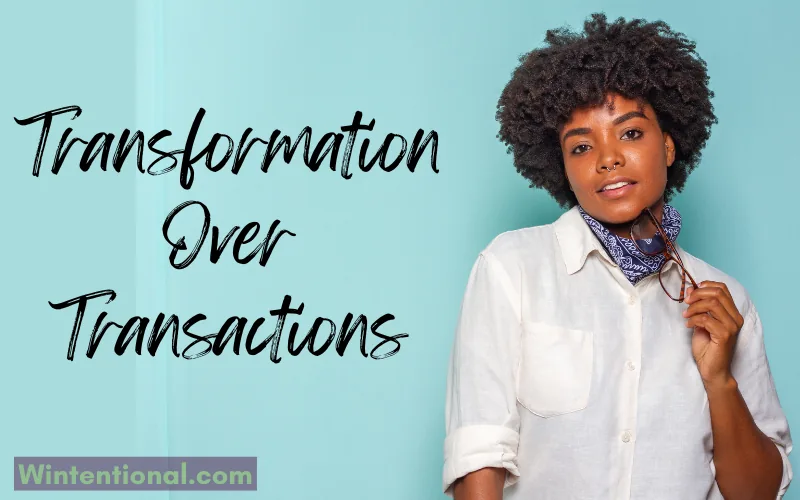 A smiling woman with a scarf, titled Transformation Over Transactions