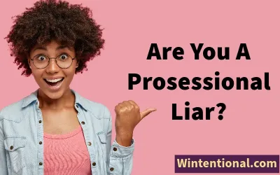 A surprised woman in glasses pointing at the headline Are You A Professional Liar?