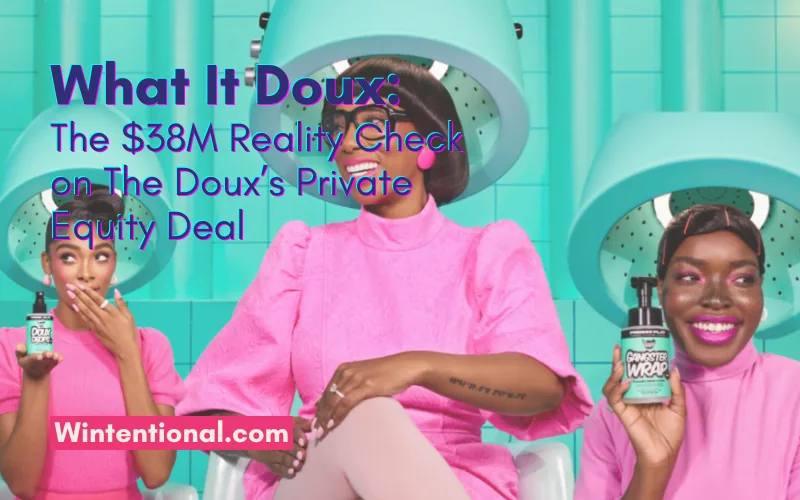 Two smiling women in pink holding The Doux hair products under salon hood dryers, titled What It Doux