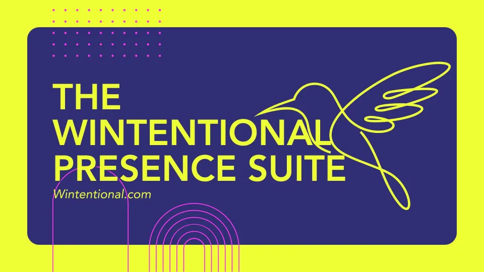 The Wintentional Presence Suite, with a line-drawn hummingbird on indigo and lime