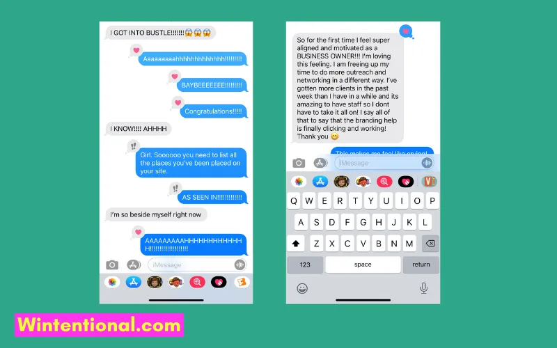 Screenshots of text messages from a client celebrating new clients and saying the branding help is finally clicking
